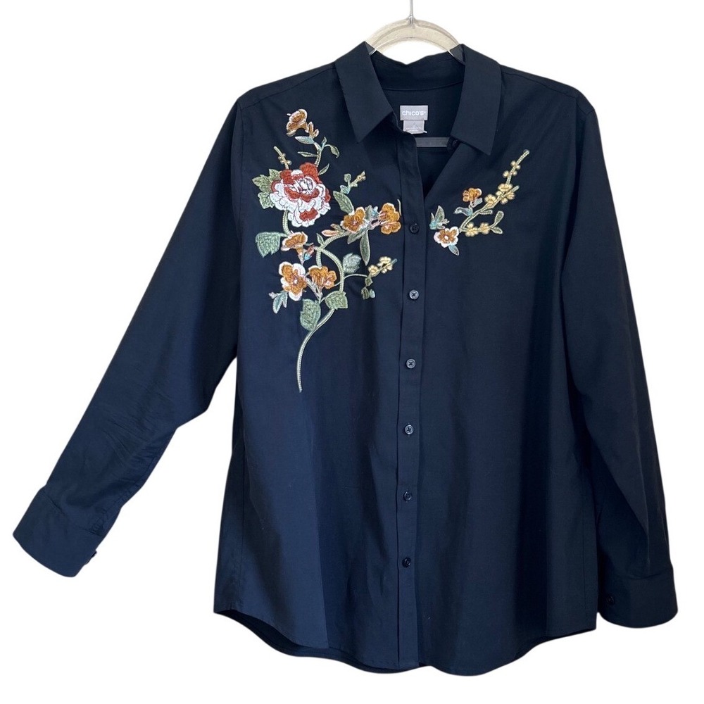 Chicos 2 Large Black Floral Embroidered Button Down Shirt US 12 14 Long Sleeve